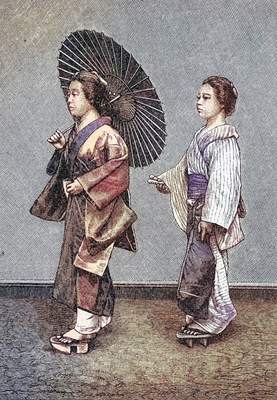 Japanese female life, woman with servant on the street, parasol, Japanese woman, around 1885, Historical, digitally restored reproduction from a 19th century original, Japanese female life, woman with servant on the street, parasol, Japanese woman, around 1885, Historical, digitally restored reproduction from a 19th century original