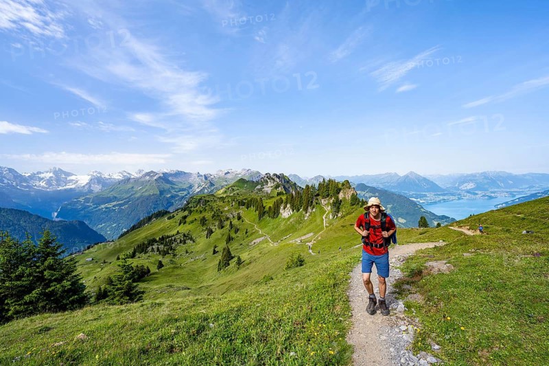 Hikers on a hiking trail on the Schynige Platte, picturesque mountain landscape, Bernese Alps, Bernese Oberland, Switzerland