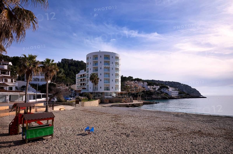 Sandy beach beach, playground, Universal Hotel Aquamarin, Sant Elm, San Telmo, Andratx, Majorca, Balearic Islands, Balearic Islands, Spain