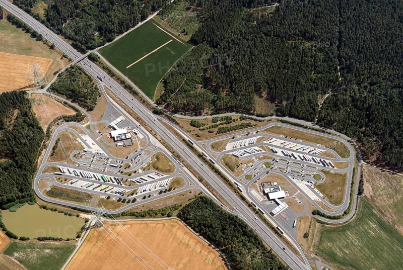 Aerial view, Czechia, Germany, border crossing, highway, customs, parking lot, truck, road, architecture, landscape, building, traffic, Europe, summer, about, car, road, traffic, logistics