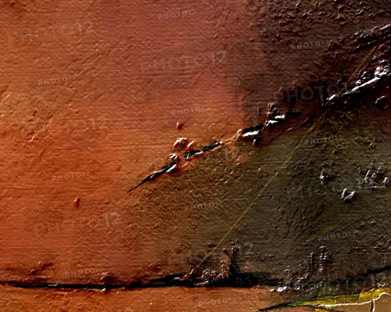 Professional abstract oil painting fragment showcasing a gradient of coral and burnt orange tones, bisected by a dramatic, jagged black impasto ridge on a heavily textured canvas surface