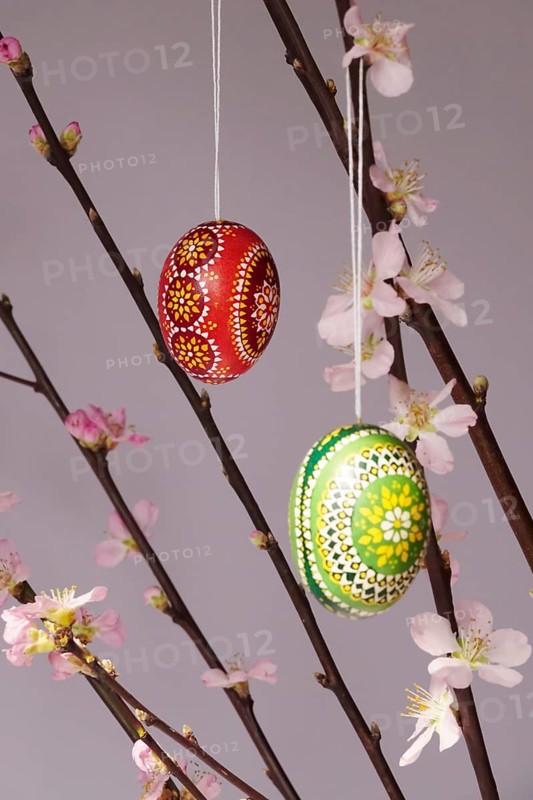 Blooming branches of a peach tree in a vase decorated with Easter eggs, spring, Germany