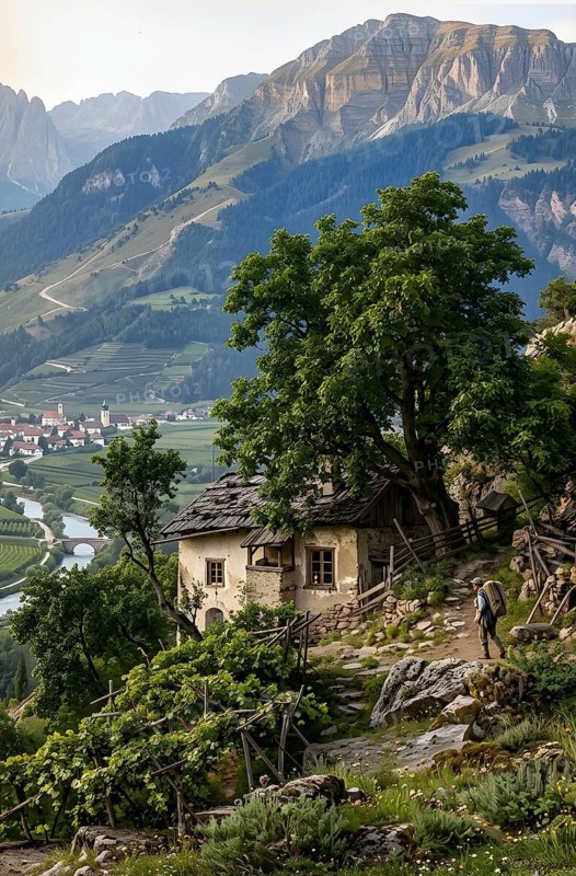The Vogelweidhof near Bolzano, presumed home of Walther von der Vogelweide, Middle High German, Minne, minstrel, poetry, poet, historical illustration, digitally edited