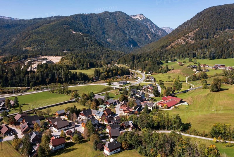 Drone image, residential buildings, view of village, Pichl-Kainisch, Hinterberger Tal, Salzkammergut, Styria, Austria