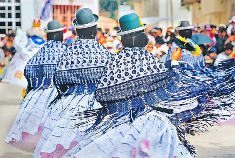 People in carnival costume dancing, Copacabana, Titicaca Lake, Bolivia, South America