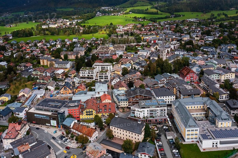 Drone image, residential buildings, town view, Saalfelden am Steinernen Meer, Pinzgau, Salzburg province, Austria