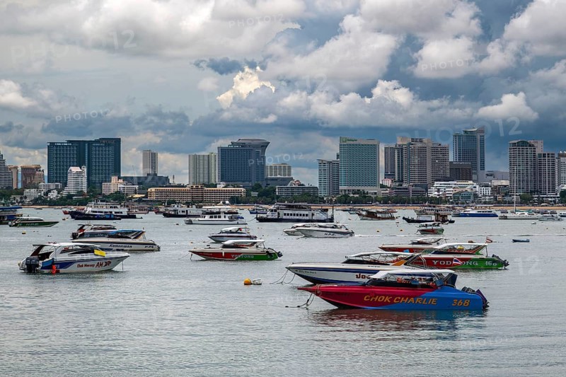 Skyline and speedboats, Pattaya, Thailand