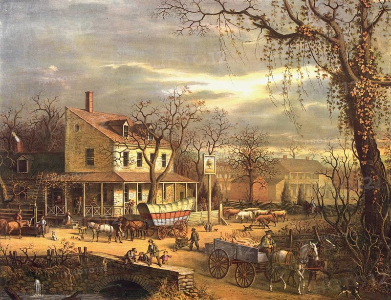 The Inn on the Roadside, by Edward Sachse & Co., from 1872. Depicts a lively autumn street scene at a crossroads in the United States of the 19th century. Central elements: The focus is on a typical Conestoga covered wagon in front of the inn, a herd of cattle, and carriages and people from the daily life of this period, American history, authentic, digitally restored reproduction from a 19th century original. century, exact date of presentation unknown, historical