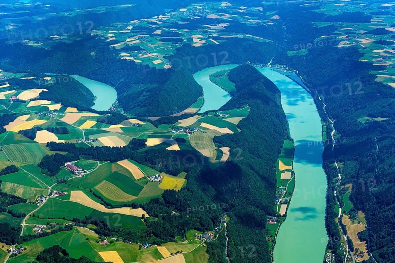 Danube loop, Danube, river, landscape, aerial view, Waldkirchen, Upper Austria, Austria, water, nature, summer, turquoise, blue