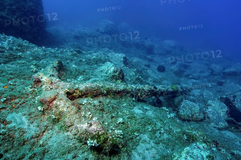 Underwater photo of historic anchors over great depths of old stick anchors lying at great depth, Mediterranean