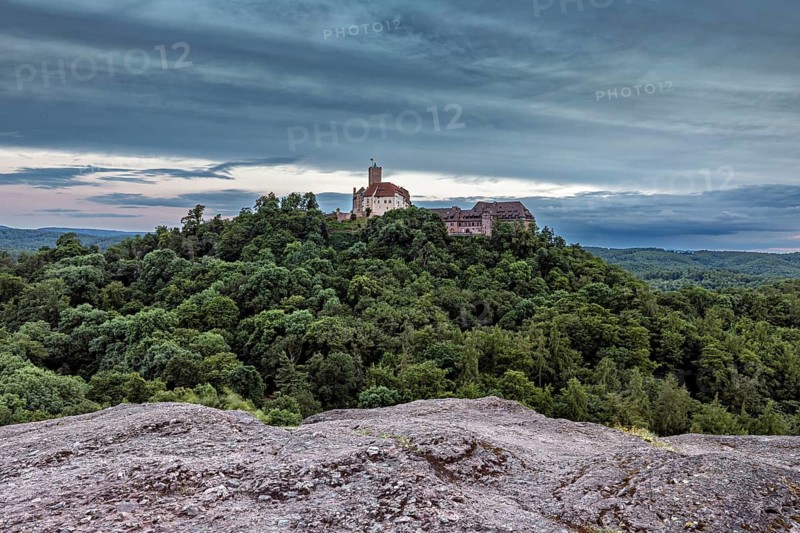 Castle perched on a lush hill surrounded by thick vegetation, The Wartburg near Eisenach in Thuringia