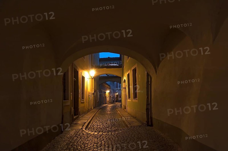 Typical candle arches in evening lighting, Schwarze Straße, Görlitz, Upper Lusatia, Saxony, Germany