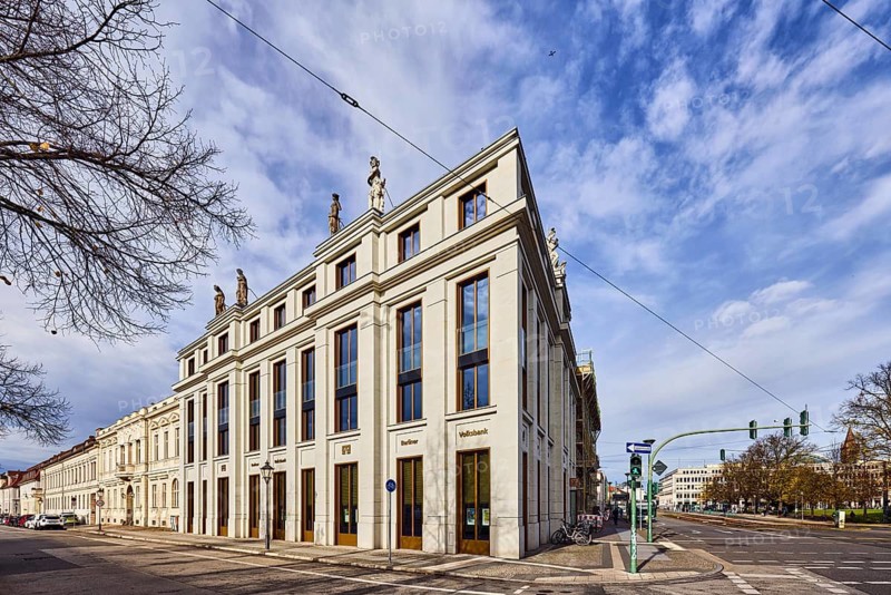 Berliner Volksbank eG, historic commercial building, general architecture, road, cycle path, traffic lights, cars, branches, blue sky, white and gray cumulus clouds, cirrus clouds, intersection of Yorckstraße, Friedrich-Ebert-Straße and Am Kanal, Potsdam, state capital, district-free city, Brandenburg, Germany