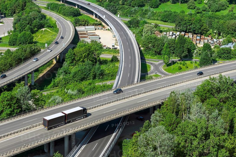 Traffic hub near Plochingen. Federal roads B10, B313 and country road L1250 meet in the traffic triangle. The roads are crossed by bridges. Plochingen, Baden-Württemberg, Germany