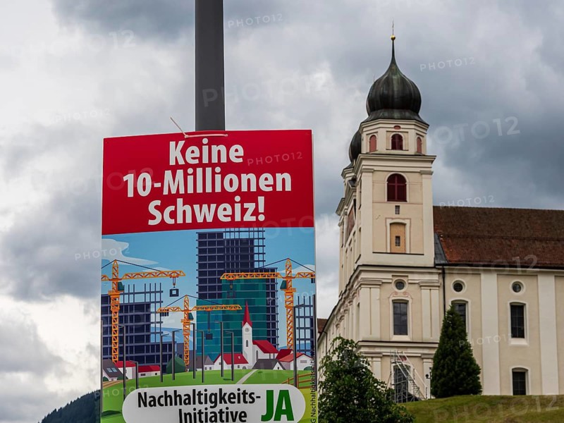 Poster of the Swiss referendum 2026, setting a limit on the number of inhabitants, Disentis, Switzerland