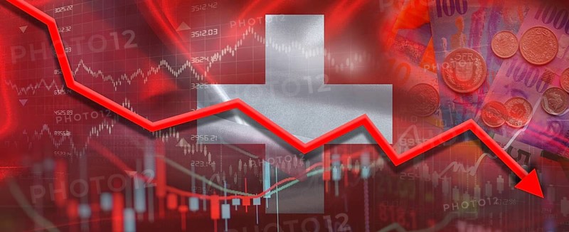 Swiss financial crisis on economic graph. Financial fall of Switzerland on economy market