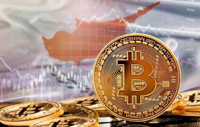 Investors in cryptocurrency and Blockchain Technology in Cyprus, Concept. Bitcoin with Cypriot flag in the background