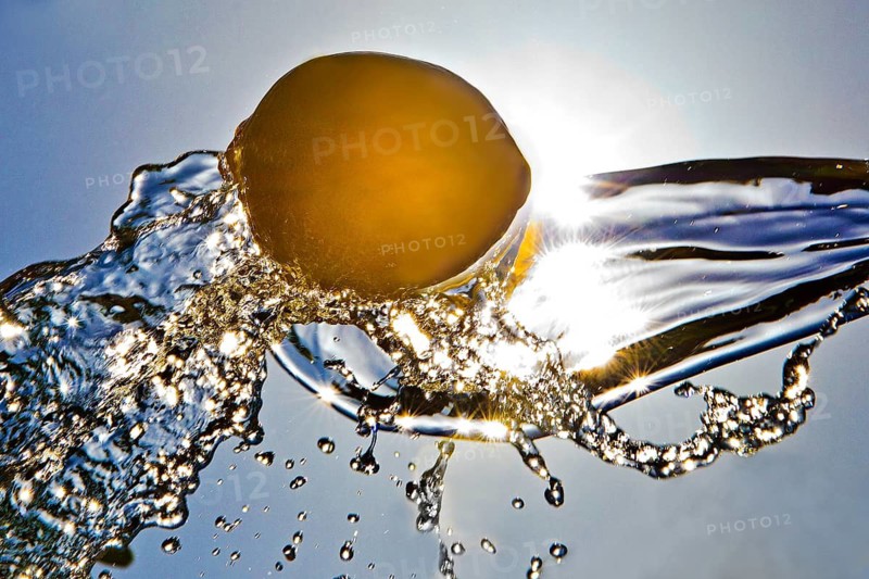 A yellow lemon (Citrus limonum) appears to be floating against a blue sky, backlit and suspended in the middle of a jet of water frozen in time by a short exposure