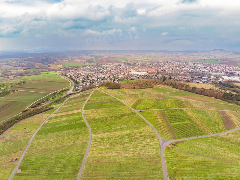 Extensive fields surround a village in the vast landscape, Großbottwar, Ludwigsburg district, Baden-Württemberg, Germany