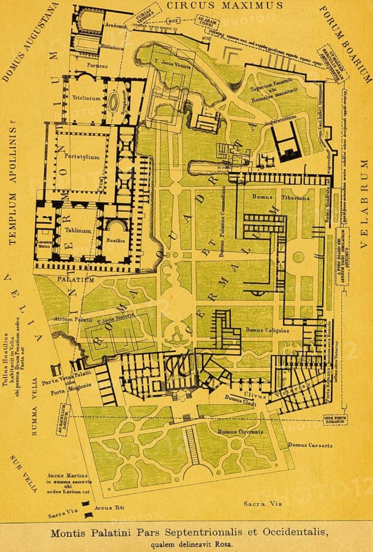 Montis Pilatini, Pars Septentrionalis et Occidentalis, ancient Rome, Roma Quadrata, et Cermalum, basilica, temple, residential building, Circus Maximus, floor plan with inscription, title, Italy, coloured historical illustration from 1882