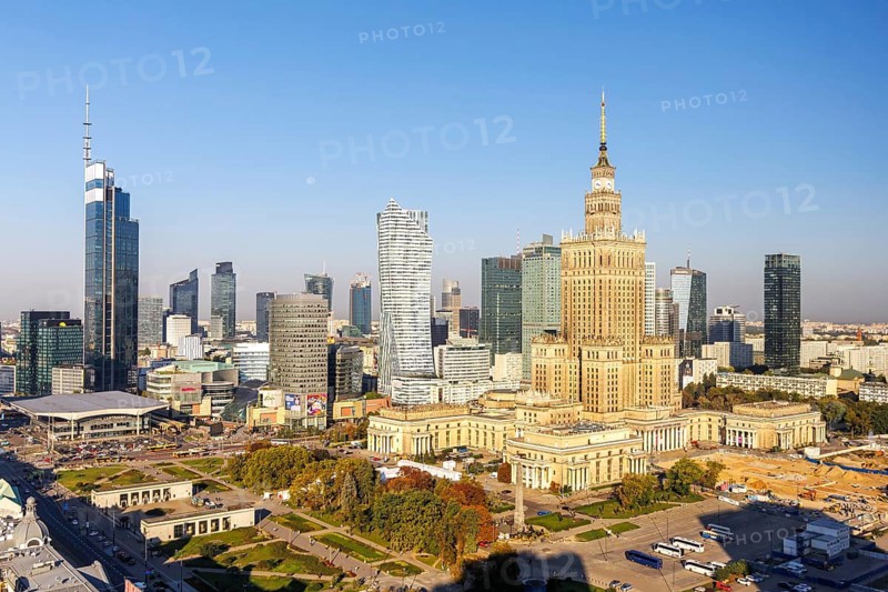 Warsaw skyline skyscrapers with Palace of Culture in the city centre in Warsaw, Poland