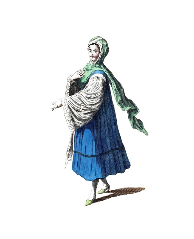 Historical clothing, fashion over time, clothing of a young woman from the island of Tinos, Tine, Cyclades, around 1700, Greece, digitally restored reproduction of an 18th/19th century model, exact date unknown, woman in blue historical clothing with green scarf