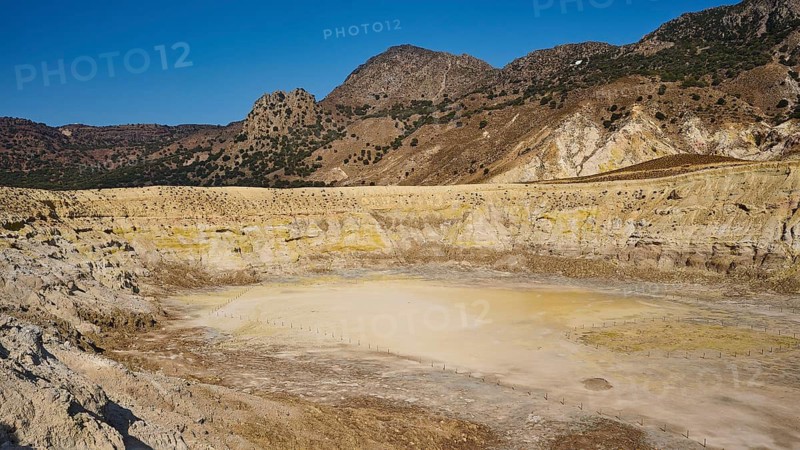 Large, dry volcanic crater surrounded by hilly mountain landscape, volcanism, volcanic island, Caldera Stefanos, Nisyros, Dodecanese, Greek Islands, Greece