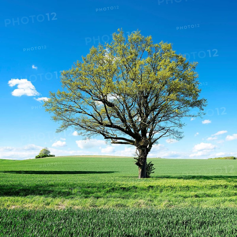 Green grain field with large solitary oak tree under blue sky in spring, Burgenlandkreis, Saxony-Anhalt, Germany