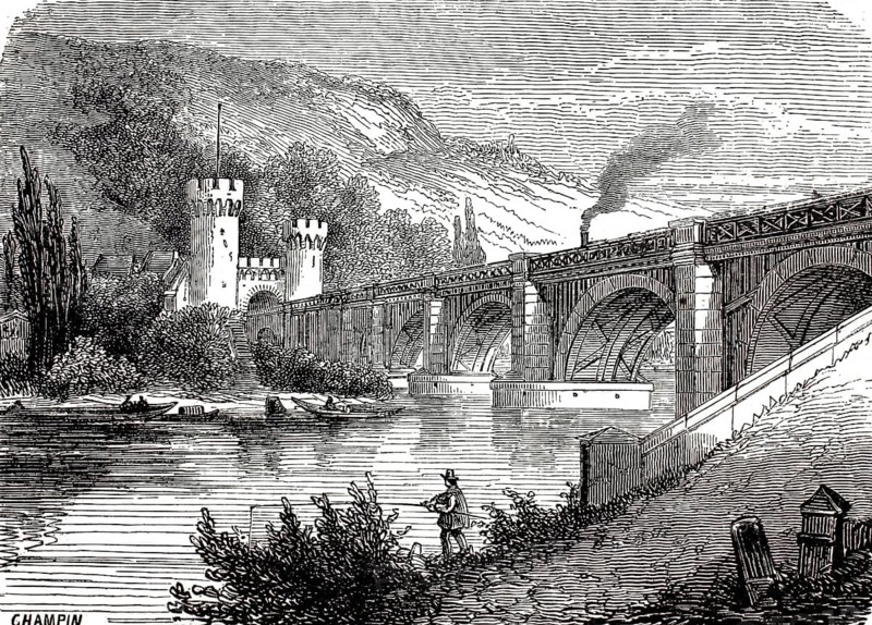 The railway viaduct across the Seine in Rouen is the Viaduct d'Eauplet, Pont aux Anglais, bridge of the English. The viaduct was put into operation in 1847 to extend the Paris-Rouen railway line towards Le Havre and Dieppe, illustration, reproduction from a 19th-century model. Authentic, file restored for optimal use, exact date of submission unknown, historical