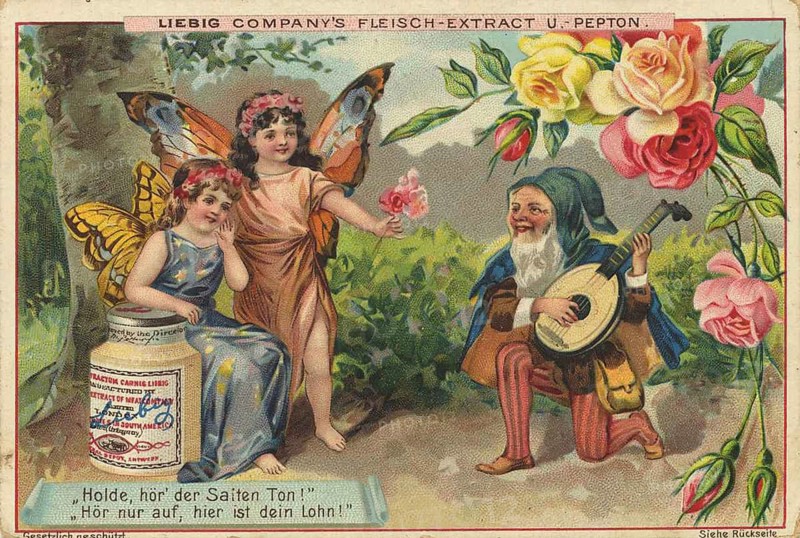Picture series Elves and gnomes, dwarf playing guitar for the elves, Liebig picture, digitally restored reproduction of a collector's picture from around 1900, public domain, exact date unknown, elves playing music with a dwarf in a flowery garden