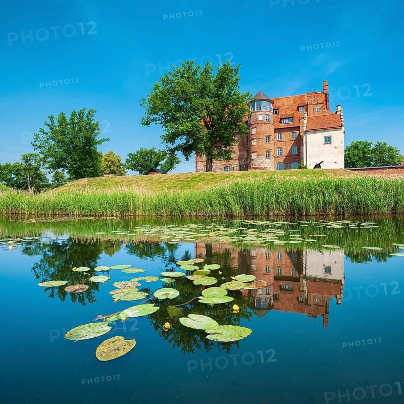 Ulrichshusen Castle reflected in Ulrichshusen Lake with water lilies, Schwinkendorf, Mecklenburg Lake District, Mecklenburg-Western Pomerania, Germany