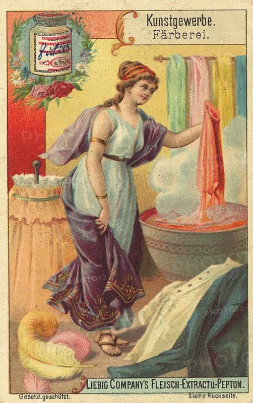 Picture series Arts and crafts, dyeing, Liebig picture, digitally restored reproduction of a collector's picture from ca 1900, public domain, exact date unknown, woman dyeing textiles in a colourful arts and crafts environment