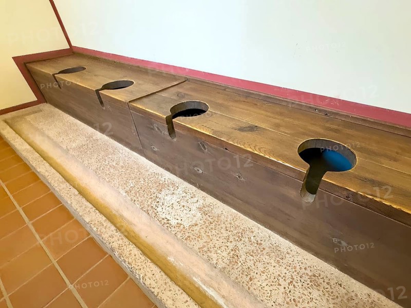 Reconstructed Roman abortion latrine toilet toilet crap house in Roman Villa Borg next to entrance area of private bathhouse thermal area, open-air museum archaeological park Roman Villa Borg, Perl, Saarland, Germany