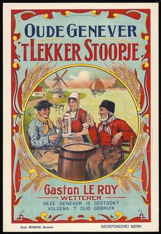 Advertising poster, beverage advertisement, advertising poster from around 1905 for Oude Genever Tlekker Stoopje, a Dutch gin brand. The poster was lithographed by the Myncke printing house in Brussels, Belgium. It shows a scene with traditionally dressed people, a sailboat and a windmill in the background, authentic reproduction of a historical advertising poster, advertising sign, in high resolution, historical