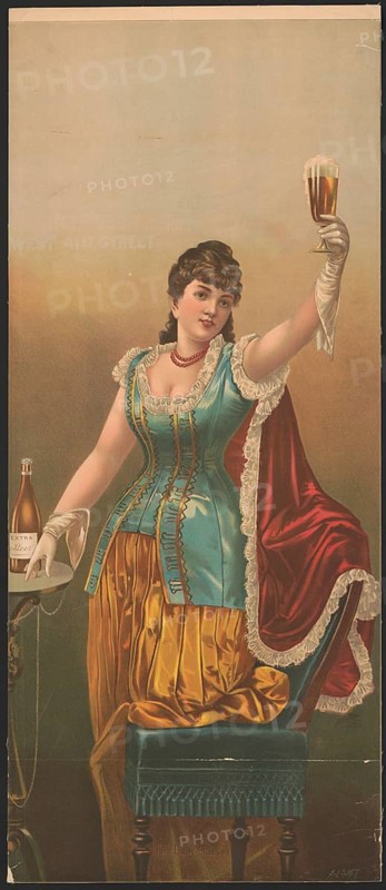 Advertising poster, beverage advertisement, advertising poster The Last Glass, 1875. An elegantly dressed woman in a shiny, turquoise corset top and a golden yellow satin skirt. She stands halfway on a decorated upholstered chair and solemnly raises a foaming glass to spread a toast. advertising sign for breweries, authentic reproduction of a historical advertising poster, advertising sign, in high resolution, historical