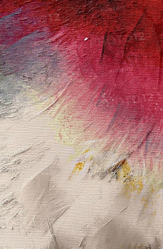 Professional abstract oil painting fragment featuring a vivid explosion of magenta and crimson hues over a white base, highlighting thick impasto ridges and raw palette knife textures on a coarse canvas surface