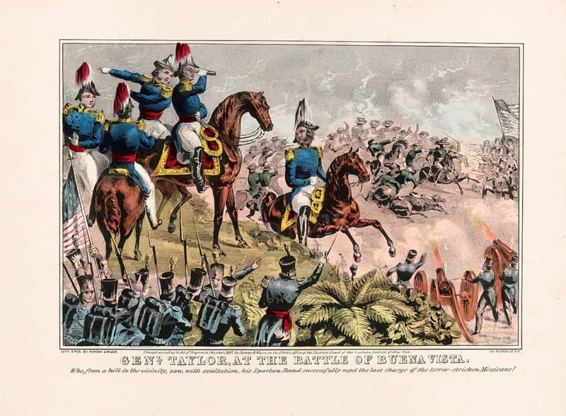 General Zachary Taylor during the Battle of Buena Vista on February 23, 1847 in the Mexican-American War, American history, authentic, digitally restored reproduction in high resolution from a 19th century original, exact date of depiction unknown, historical