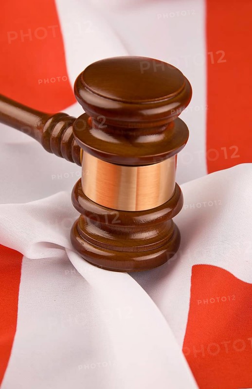 A court hammer and a Swiss flag, verdict, auction hammer, Vienna, Austria