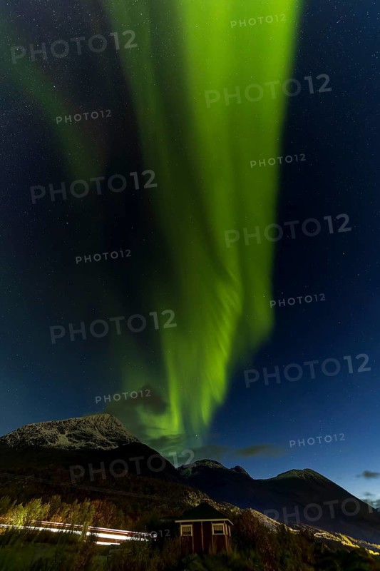 Northern Lights, (Aurora borealis) at a fjord near Skjiervoya, September 2024, Lapland, Finnmark, Norway