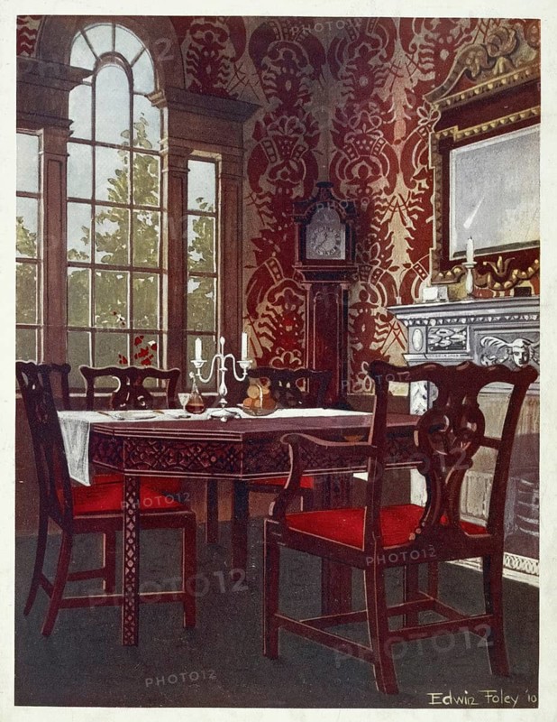 Furniture around the turn of the century 1900, Mahogany divisible dining tables, dining room chairs with backrests (1910, 1911), Mahogany divisible dining-tables, dining room splat-back chairs (1910, 1911) .jpg