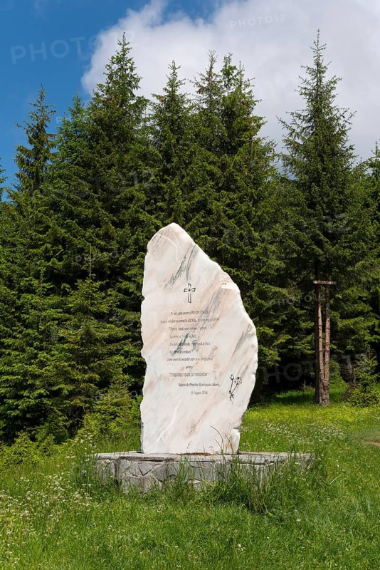 Monument stone surrounded by green trees and a meadow under a blue sky with clouds, Bratocea Pass, Bratocea Pass, Carpathians, Great Wallachia, Romania
