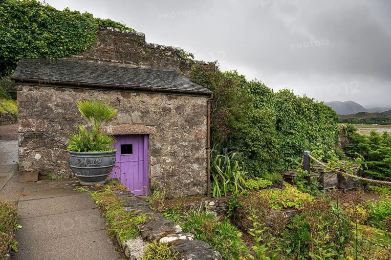 Old stone shed, Inverewe Gardens, one of the most northerly botanical gardens in the world, founded by Osgood Mackenzie, Walled Garden, Poolewe, Loch Ewe, Highlands, Highlands, Scotland, Great Britain