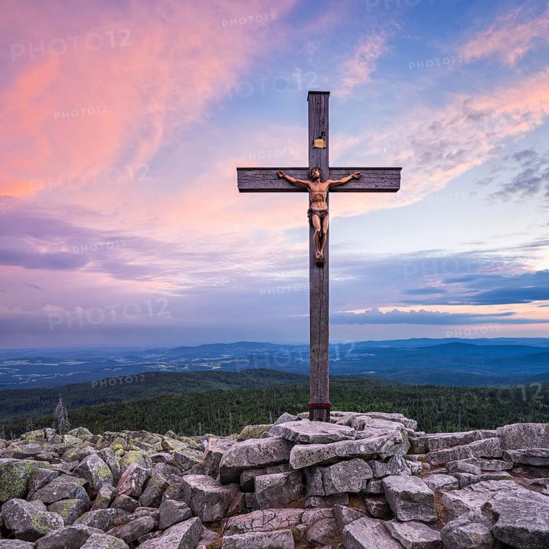 On the summit of the Lusen, summit cross at sunset, Bavarian Forest National Park, Bavaria, Germany