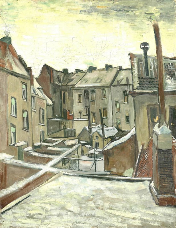 Houses seen from the back (1885, 1886), Houses seen from the back (1885, Painting by Vincent Willem van Gogh (born 30 March 1853 in Groot-Zundert, died 29 July 1890 in Auvers-sur-Oise), Dutch painter and draughtsman, one of the founders of modern painting, Illustration, Reproduction from a painting. Authentic, exact date of original unknown, Historical, Quiet snowy city view from the street, artistic and neutral