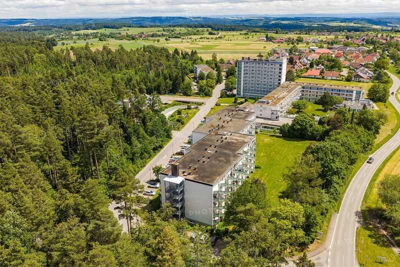 Panoramic view of residential buildings, forests and fields in good weather, Wart, Altensteig, Germany