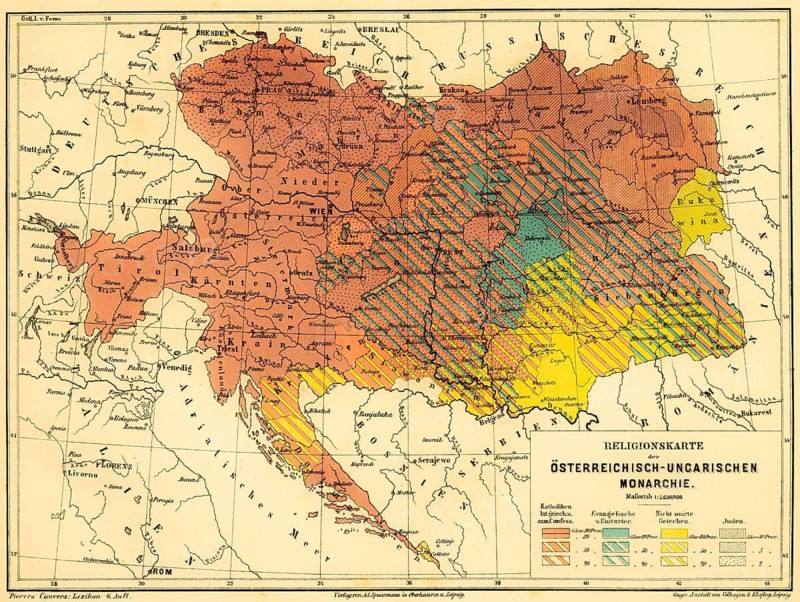 Religious map of the Austro-Hungarian Monarchy, percentage of believers, Catholics, Protestant faith, Protestants, Unitarians, Greeks, Jews, diversity, Croatia, Hungary, Romania, Poland, Czech Republic, Slovakia, Germany, Austria, Italy, scale, religion, network, rivers, cities, seas, states, historical illustration 1877