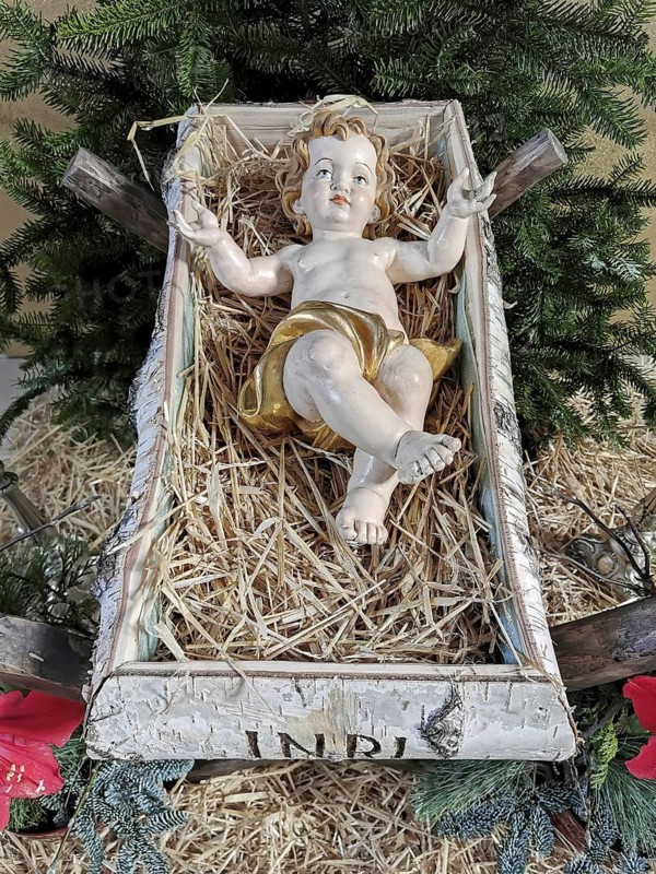 Christmas, Nativity scene with baby Jesus, interior of the collegiate church of Speinshart Monastery, abbey of the Premonstratensian Order, Neustadt an der Waldnaab district, Upper Palatinate, Bavaria, Germany