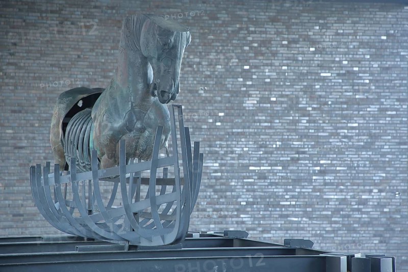 Sculpture Nomade by Gustavo Aceves 2017, horse figure with boat and frame, grey, monochrome, modern art, Taunusstraße, Neustadt, Mainz, Rhine-Hesse region, Rhineland-Palatinate, Germany