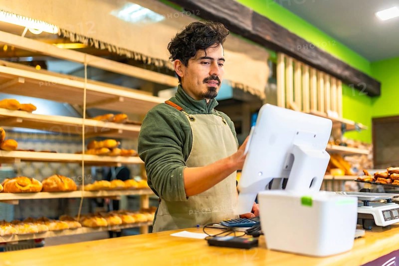 Latin male young salesman wearing apron using touchscreen computer in the counter of bakery shop