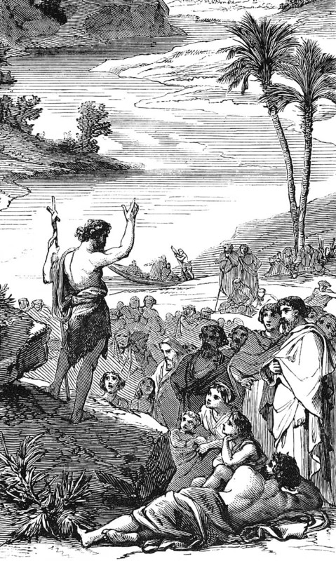 Introductory picture to the Gospel of Mark, Jesus Preaching, Cross, People, Listener, Sea of Galilee, Rowing Boat, Palm Trees, Bible, Historical Illustration 1850